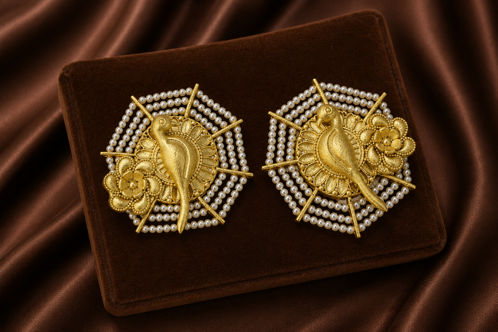 Traditional Brass bird Pearl Wedding Stud Earrings