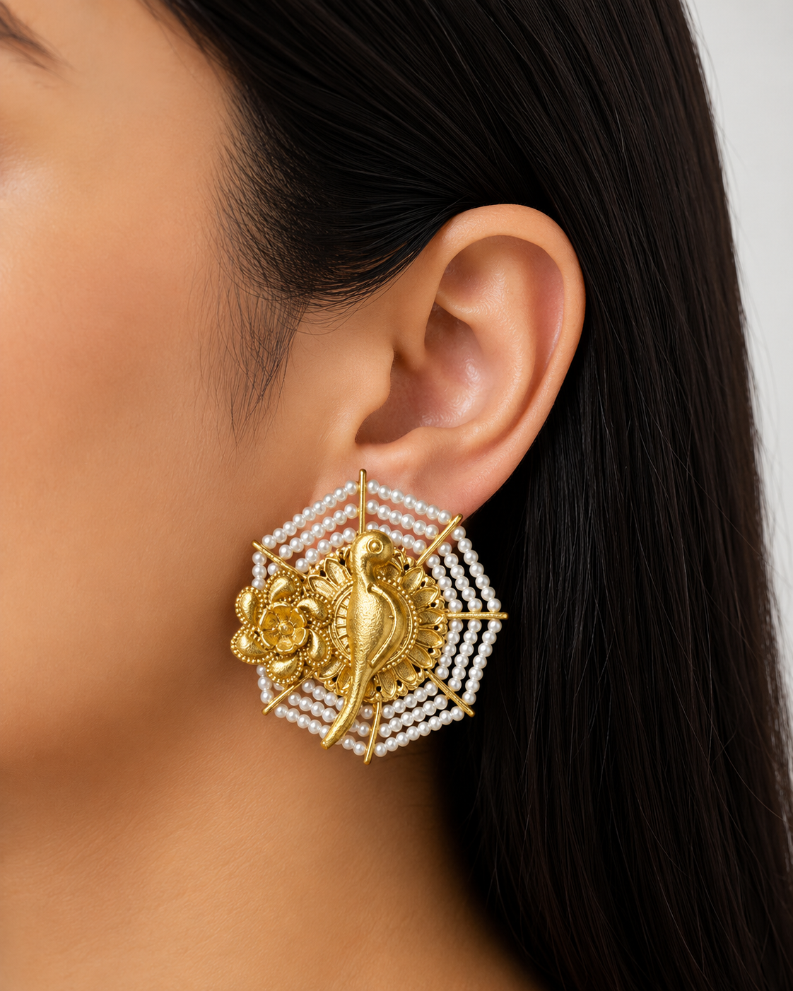 Traditional Brass bird Pearl Wedding Stud Earrings