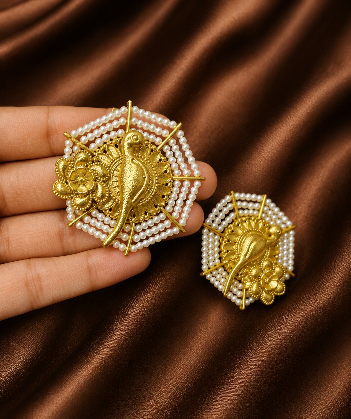 Traditional Brass bird Pearl Wedding Stud Earrings