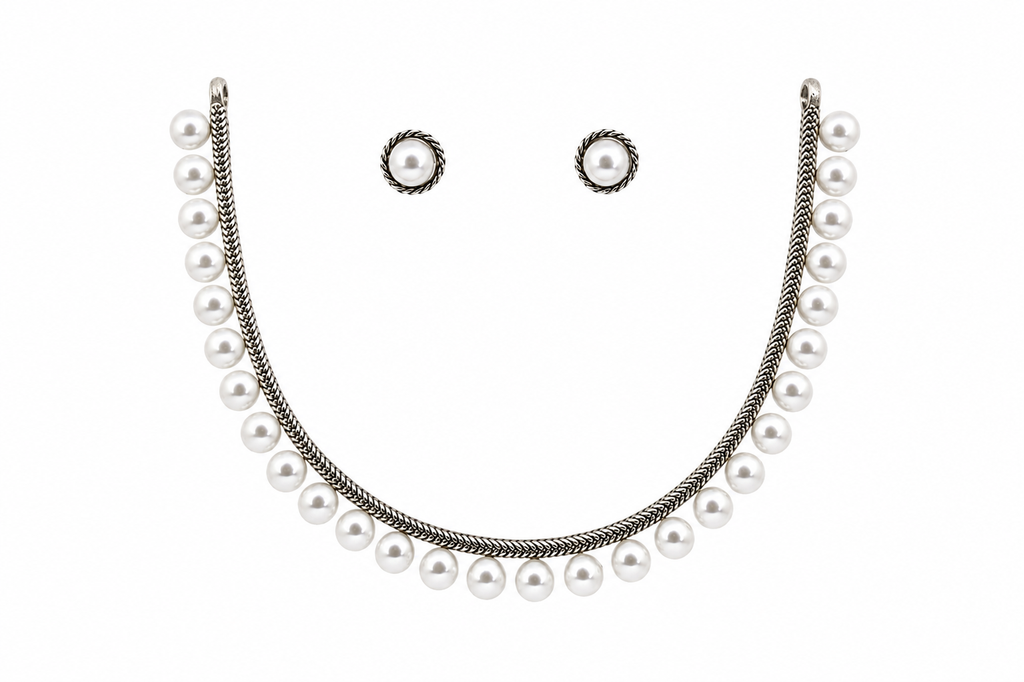 Pure Brass Silver Replica Polish Pearl Necklace Set