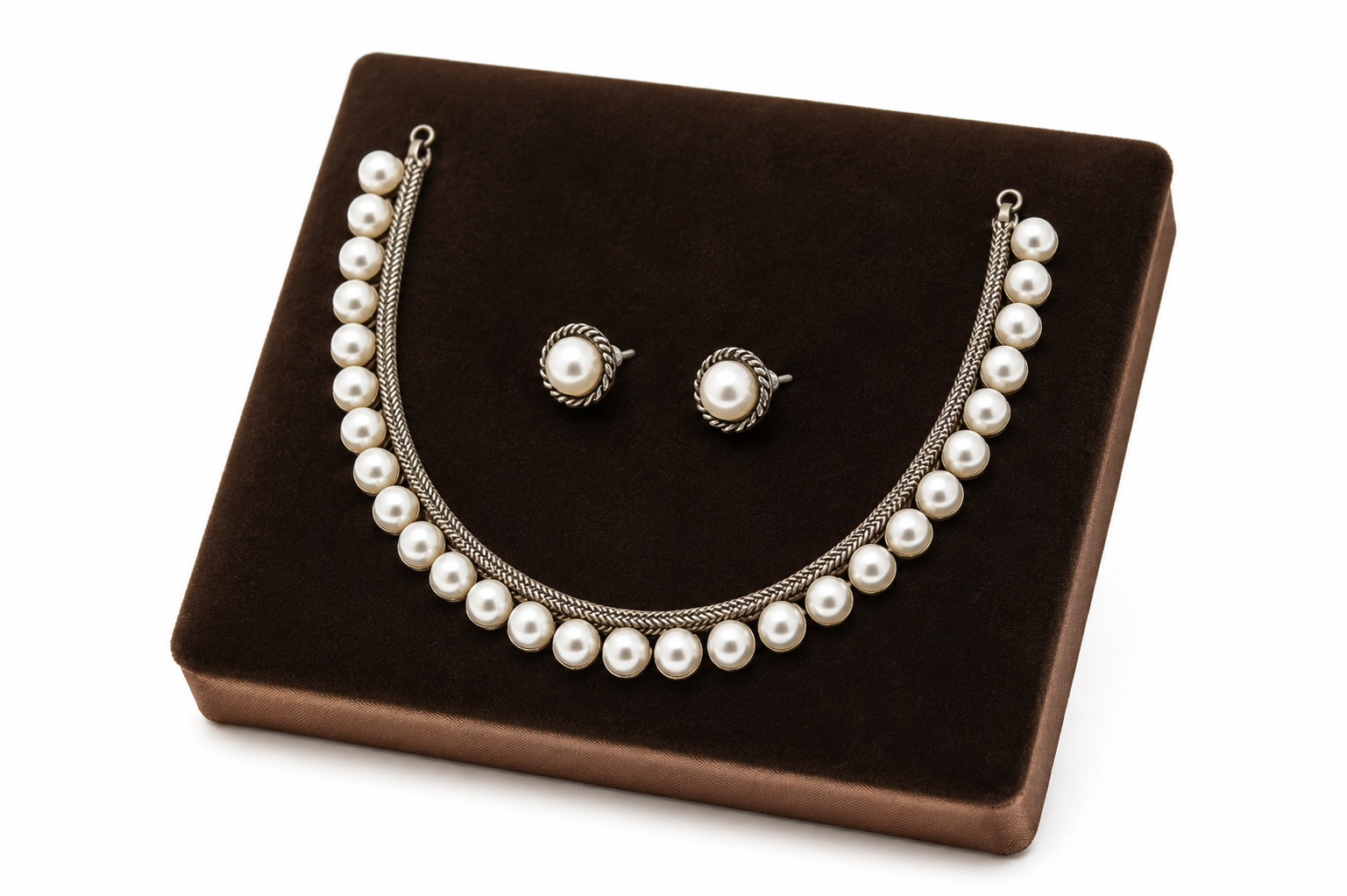 Pure Brass Silver Replica Polish Pearl Necklace Set