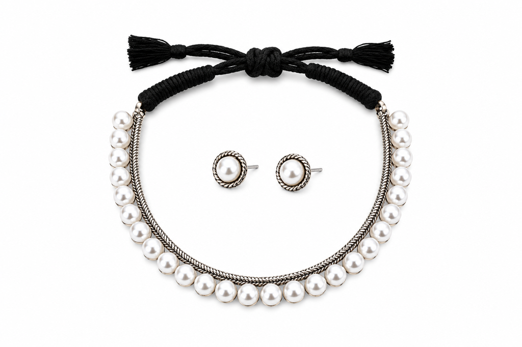 Pure Brass Silver Replica Polish Pearl Necklace Set