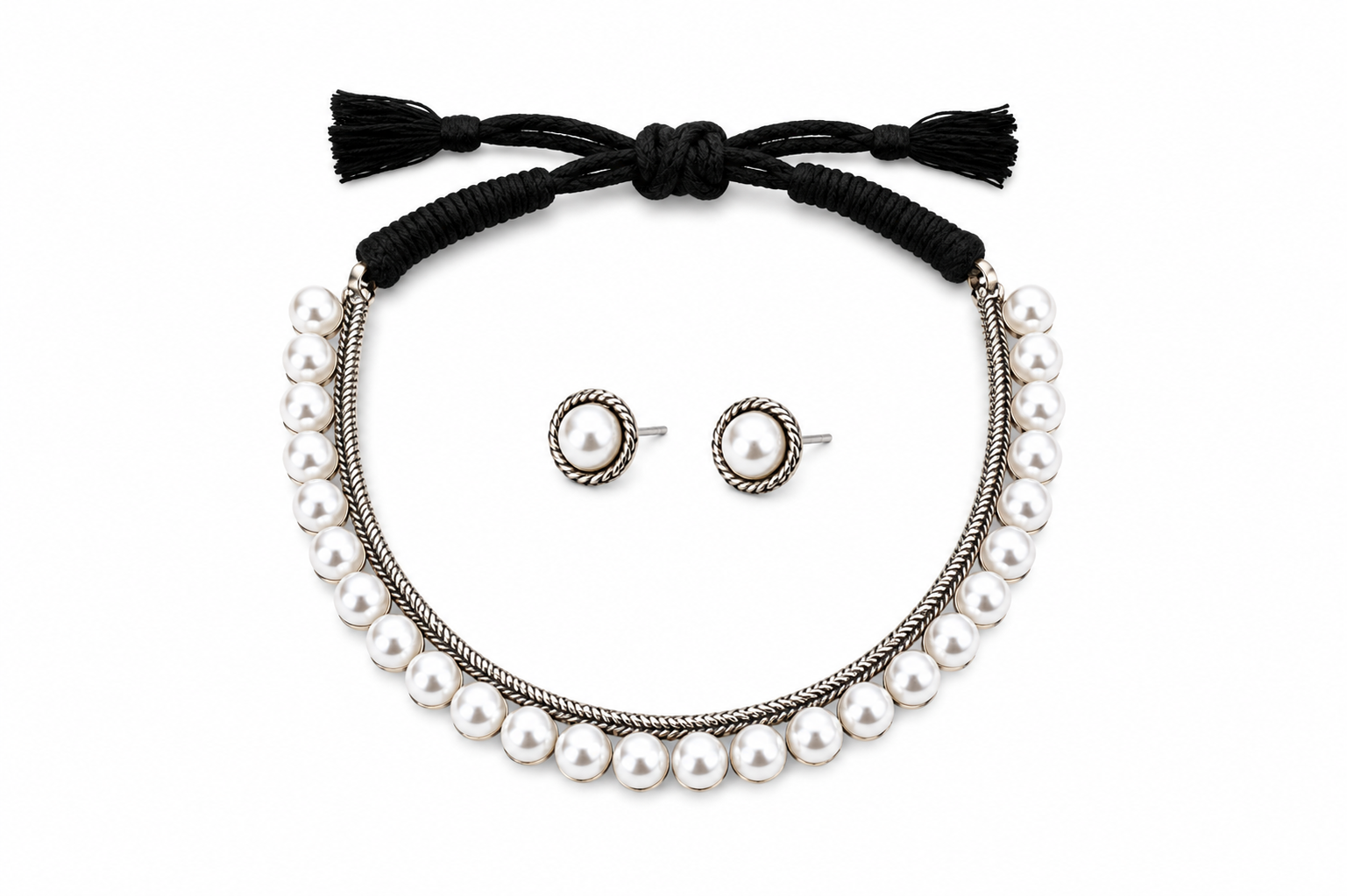 Pure Brass Silver Replica Polish Pearl Necklace Set