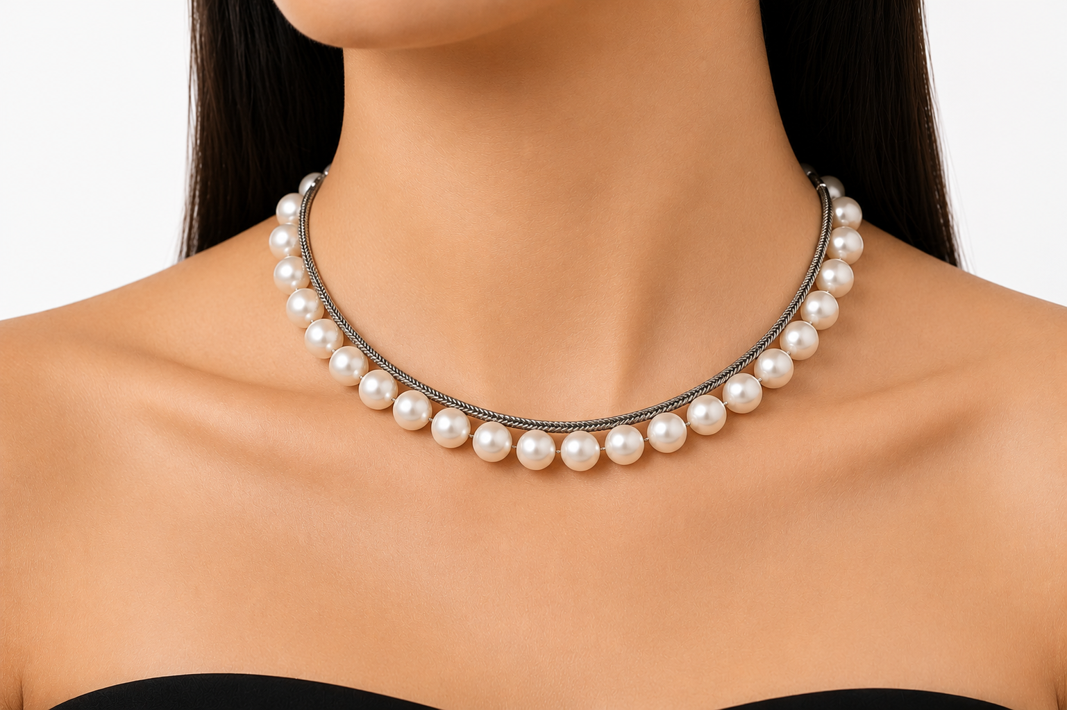 Pure Brass Silver Replica Polish Pearl Necklace Set